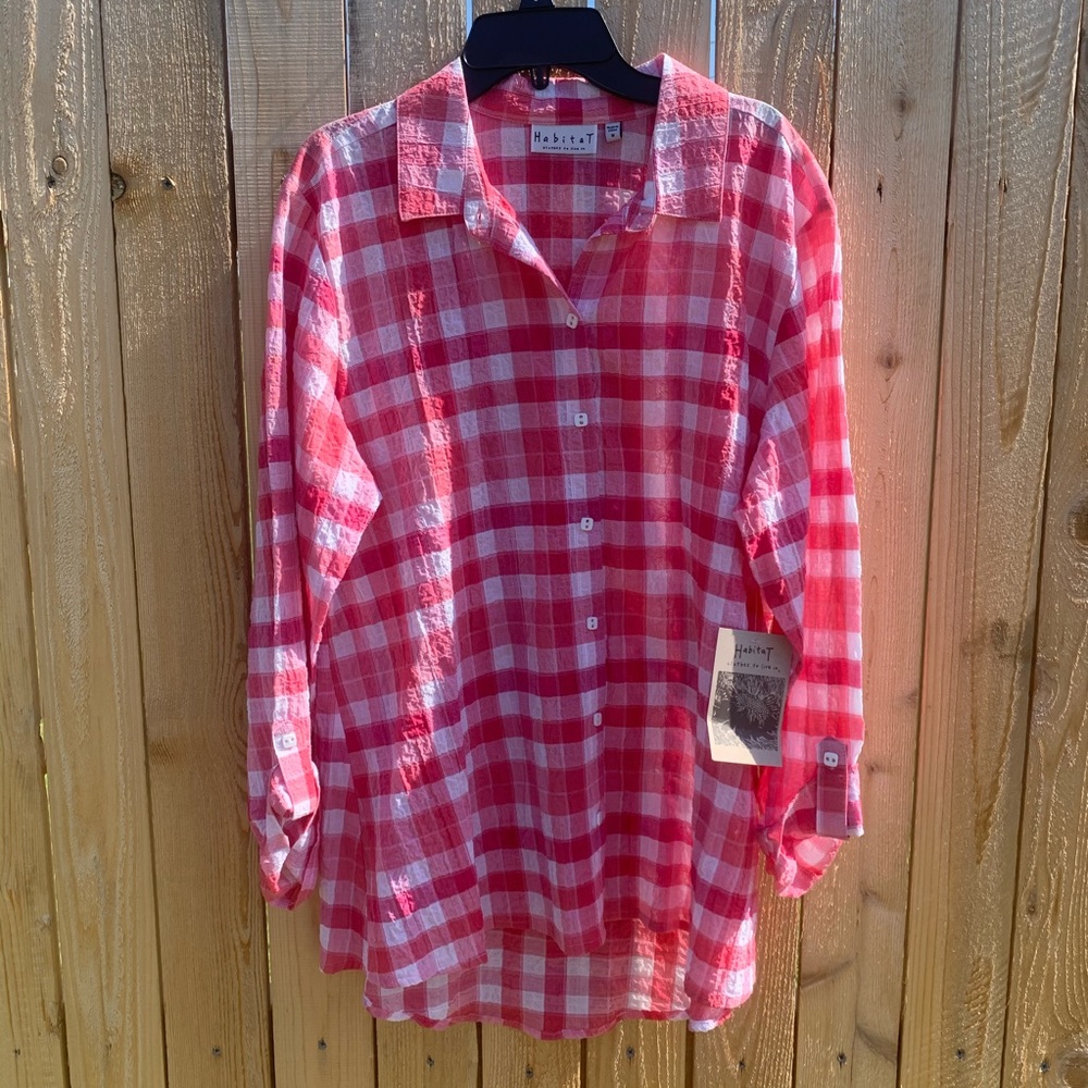 NWT HABITAT | Pink Plaid Cotton Button Down Tunic